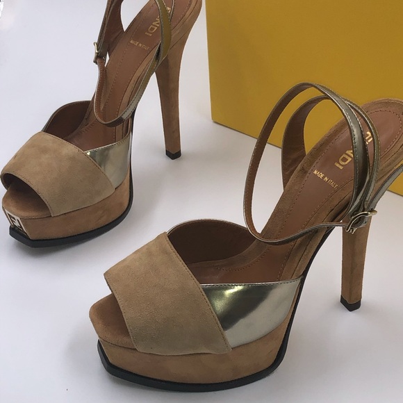Fendi Shoes - 💯AUTH FENDI SUEDE HEELS PLATFORM 7 37  PEEP TOE TAN GOLD EUC in BOX CARD